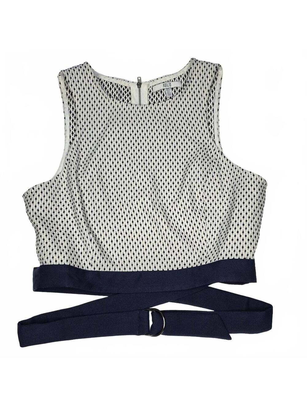 Asilio's Fitted Sleeveless Black And White Crop Top Back Zip Wrap Ties Med